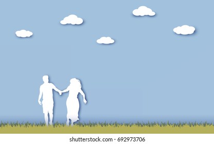 Silhouette couple man and woman running together and blue color sky background  in paper art style