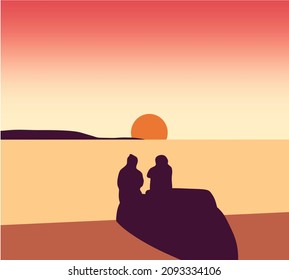 Silhouette couple man and woman sitting together on beach under sunset sky background. vector illustration.