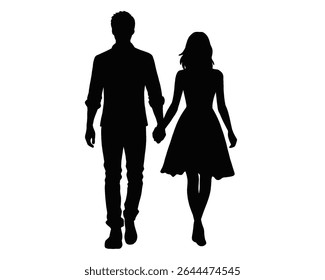 Silhouette of a couple, a man and a woman standing holding hands	
