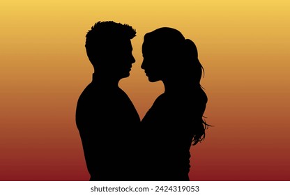 Silhouette of couple man and woman with sunset, Man and woman looking at each others eyes in love at sunset