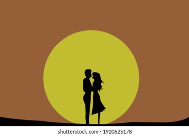 Silhouette couple man and woman  under sunset sky background