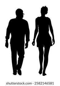 Silhouette of couple man and woman waking away. Man in glasses. Back view. Black and white vector illustration.