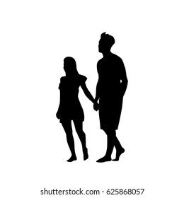 Silhouette Couple Man And Woman Walk Holding Hands Full Length Over White Background Vector Illustration