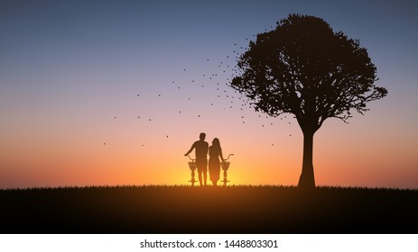 Silhouette couple man and woman walking together with bicycle under trees with sunset sky background