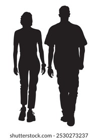 Silhouette of couple man and woman walking away. Black items isolated on white background.