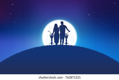 Silhouette couple man and woman walking together with bicycle on hill with big moon and stars background