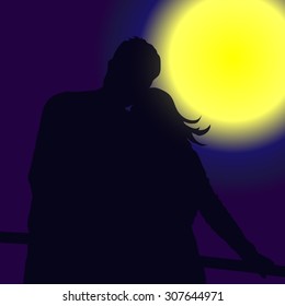 Silhouette couple on the background of dark sky and moon; color image; vector illustration.