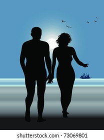 silhouette of a couple on beach-vector