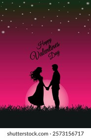 Silhouette of a couple on grass during a beautiful pink sunset. Valentines day 2025.
