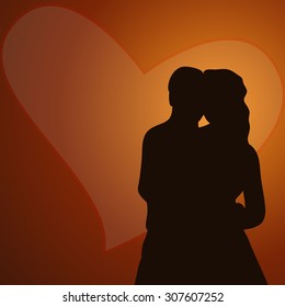 Silhouette couple on hearts background; color image; vector illustration of