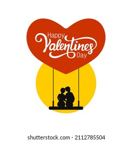 Silhouette eines Paares auf einem Liebesballon. mit Kopienraum und Text Happy Valentinstag. Herz mit Kopienraum, einzelne weiße Hintergründe. Gilt für Valentinstag, Grußkarten
