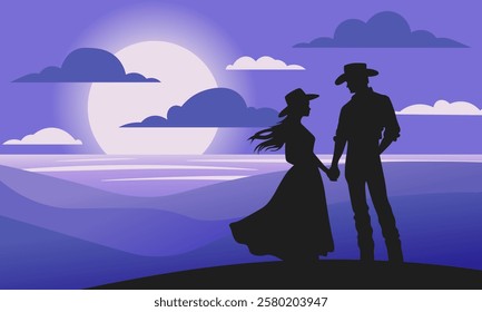 Silhouette of a couple on the seashore, twilight