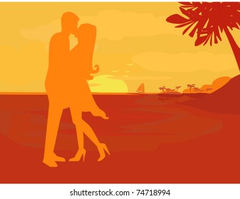 silhouette couple on tropical beach