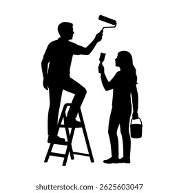 silhouette of a couple painting a house together with a roller and brush on a white background image.