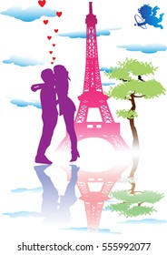 Silhouette couple in Paris. Background valentine. Vector illustration.