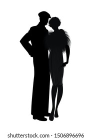 Silhouette of couple retro style 20s or 30s. Man wearing cap and flapper girl wearing fur stole, isolated on white background.