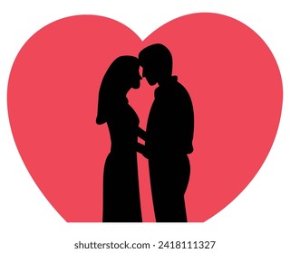 silhouette of couple romantic with hearts on pink background