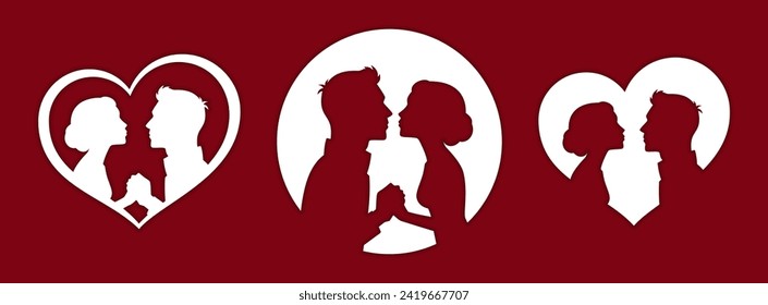 Silhouette of couple. Romantic couple in love, kiss moment. Isolated on red background, face in profile. Decoration for Valentine's Day. Elements for CNC cutting. Paper craft and carving.