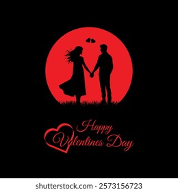 Silhouette of a couple in a romantic pose on a red background with a valentine's heart.