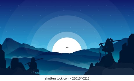 silhouette of a couple samurai in the night background. Japanese urban samurai with a sword. Samurai with full moon walpaper.