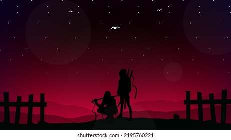 silueta de una pareja samurai en el bosque nocturno. fondo de escritorio de samurai urbano para escritorio. Guerrero samurai japonés con espada. Antecedentes temáticos del Japón. Samurai.