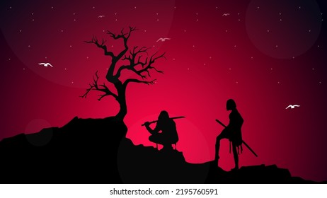 silhouette of a couple samurai in the night forest. urban samurai walpaper for desktop. Japanese samurai warrior with a sword. Japan theme background. sword.
