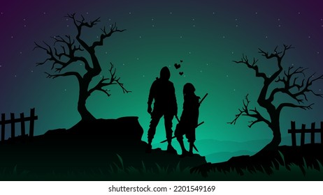 silhouette of a couple samurai in the night. urban samurai walpaper for desktop. Japanese samurai warrior with a sword.