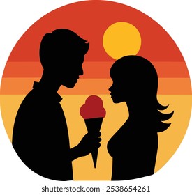 Una silueta de una pareja compartiendo un cono de helado al atardecer captura un momento tierno y romántico. Los tonos cálidos del sol poniente crean un telón de fondo tranquilo, destacando su afecto 