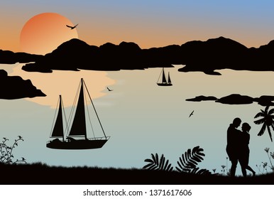 Silhouette of a couple and ships at the sea on beautiful sunset, vector illustration