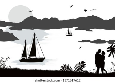 Silhouette of a couple and ships at the sea on beautiful sunset, vector illustration