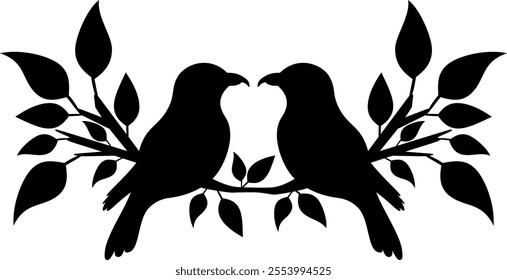 Silhouette of couple shrike birds sit at lush tree branch. Abstract simple bird illustration, black silhouette. Laser cut template, wall decor.