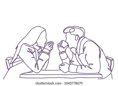 Silhouette Couple Sit At Cafe Table Drinking Coffee Or Tea  Doodle Man And Woman Dating White Background Vector Illustration
