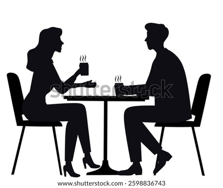Silhouette of a couple sitting at a cafe table, drinking hot coffee or tea. Romantic and elegant design, suitable for coffee shop logos, cafe advertisements, dating apps, and lifestyle themes.