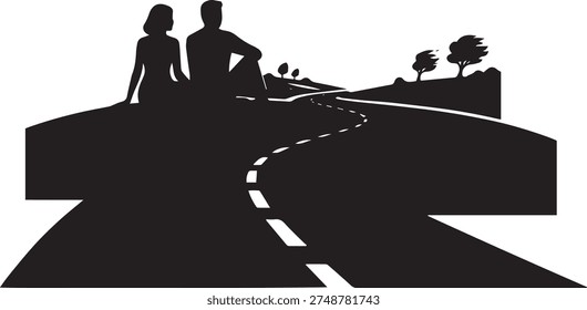 Silhouette of a couple sitting and looking at a winding road landscape vector.