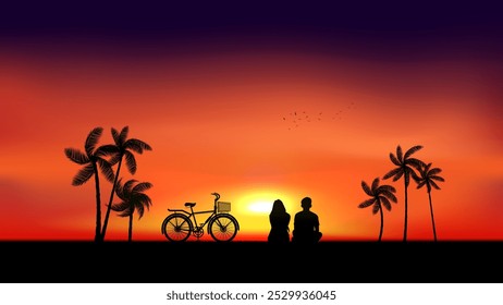 A silhouette of a couple sitting on a beach, watching the sunset. A bicycle is parked next to them. Palm trees line the beach, and the sky is a gradient of orange