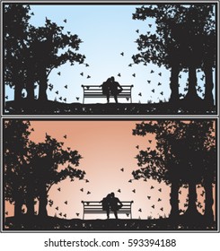 silhouette of a couple sitting on a bench embraced at noon and at sunset in a park in autumn looking at the sky
