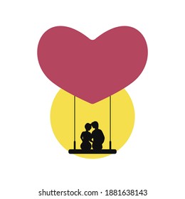 silhouette of a couple sitting on a swing hanging on a heart symbol against a yellow circle background. romantic symbols, valentine illustrations, love, and wedding card illustrations