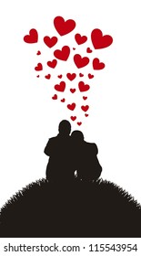 Silhouette Of Couple Sitting Over Grass With Hearts. Vector