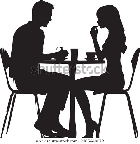 Silhouette of a couple sitting at a table with cups of coffee vector.