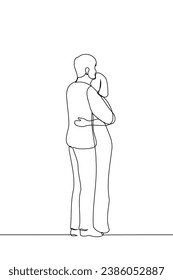 silhouette of a couple standing at full height and hugging - one line art vector. concept singer, live performance