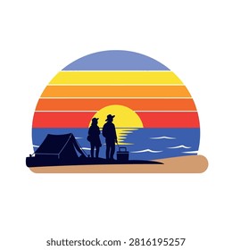 Silhouette of a couple standing on a beach next to a tent and cooler during a vibrant sunset over the ocean.