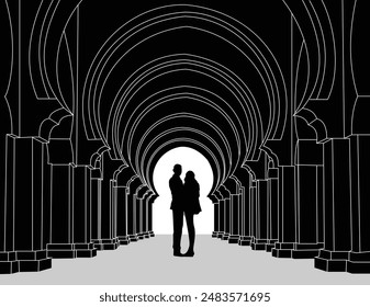 Silhouette of a couple standing under a series of beautifully arched pathways, creating a romantic and dramatic scene. Perfect for wedding invitations, romantic cards. Editable. EPS 10