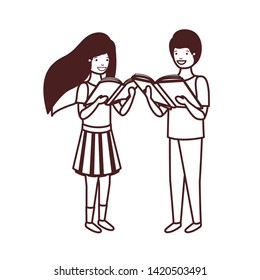 silhouette of couple of student with reading book in the hands