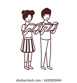 silhouette of couple of student with reading book in the hands