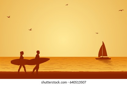 Silhouette couple surfer carrying surfboard on beach under sunset sky background in flat icon design