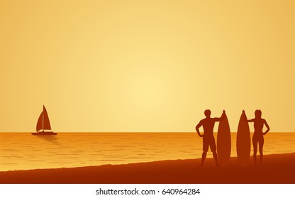 Silhouette couple surfer carrying surfboard on beach under sunset sky background in flat icon design