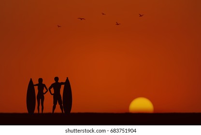 Silhouette couple surfer carrying surfboard on beach under sunset sky background in flat icon design