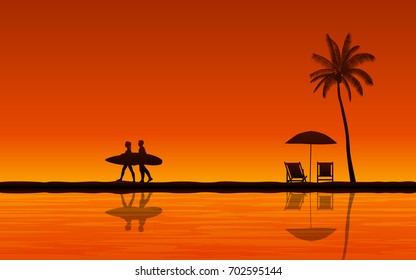 Silhouette couple surfer carrying surfboard on beach and reflection under sunset sky background in flat icon design