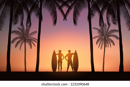 Silhouette couple surfer standing and carrying surfboard on beach with palm tree under sunset sky background