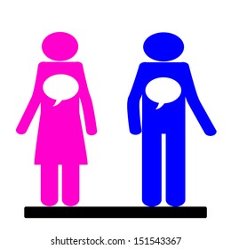 silhouette of a couple with a talk bubble white on his chest, white background.